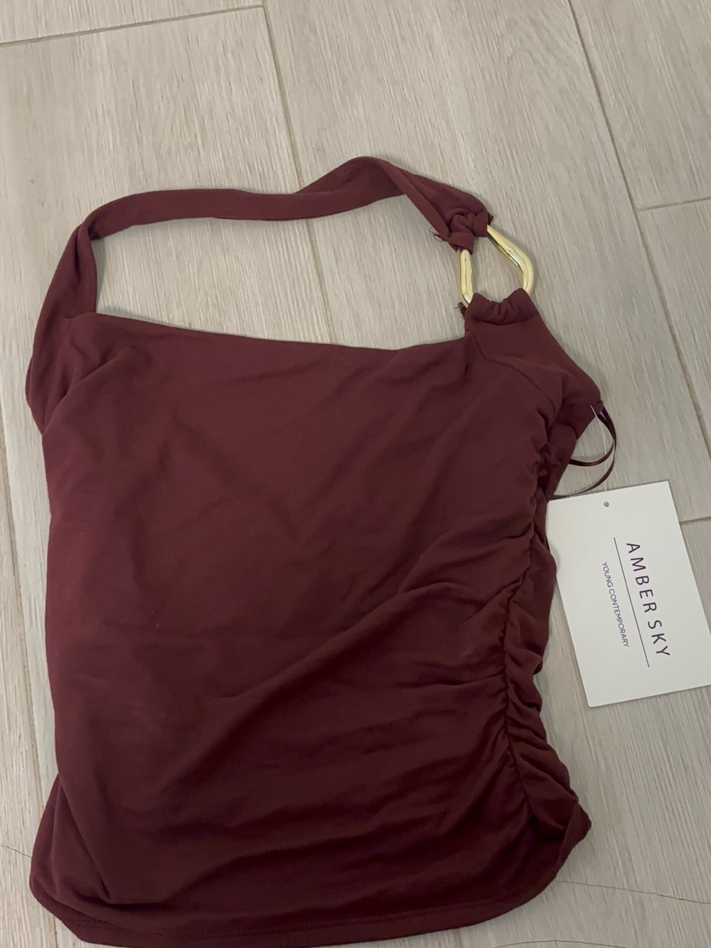 Amber Sky One-Shoulder Ruched Halter Top - Burgundy